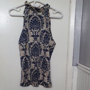 Elegant Blue and Cream Sleeveless Blouse